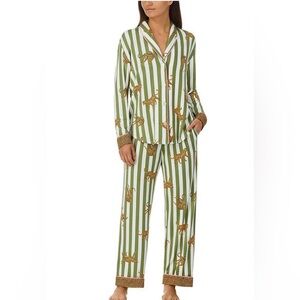 Woman’s Room Service Striped Green & White Leopard Print Pajama Set